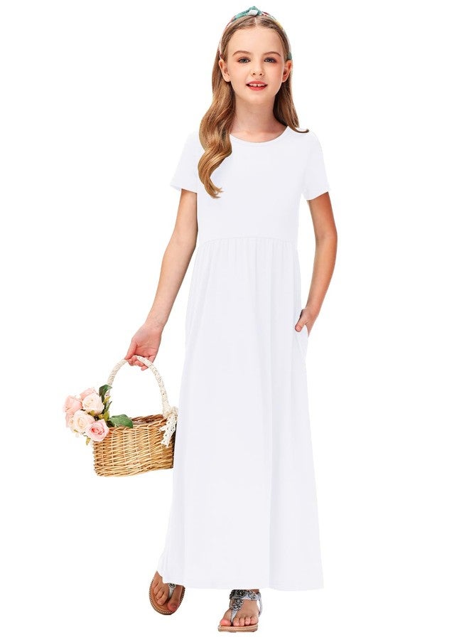 Deerose Girl's White Maxi Dresses Plain Solid Color Swing Pleated Spring Dress 9-10 Years - Image 4